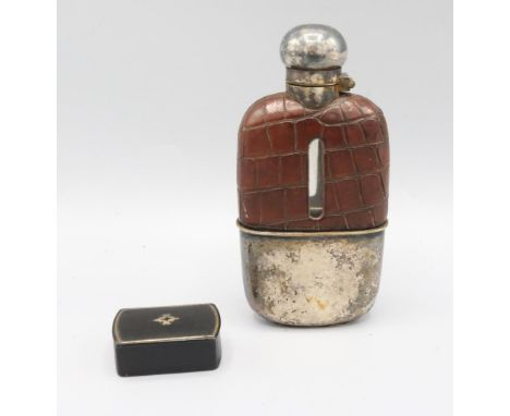 Glass and crocodile skin hip flask with silver plated twist lock hinged cap and removable stirrup cup, bottom of cup stamped 