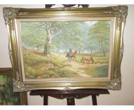 S. K. Mitchell (British Contemporary); Figures by a village pond, Ponies by a forest stream, both oil on canvas, signed, 50cm