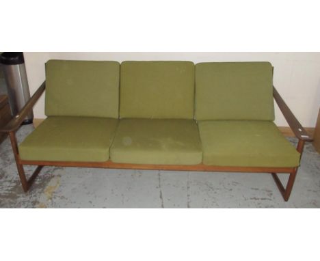 Mid century Greta Jalk for France &amp; Sons teak sofa, slat back and shaped arms on angular supports, with loose back and se