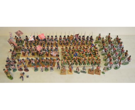 Collection of mostly metal kit painted Napoleonic War era infantry and cavalry figures (scale approx 1/32), many metal exampl
