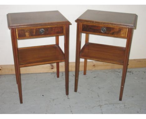 Pair of inlaid mahogany two-tier single drawer lamp tables, on square supports, marked Remploy with Broad arrow and dated 197