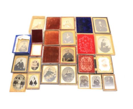 Collection of C19th Daguerreotype and Ambrotype portraits, house in various ornate gilt frames, some in leather cases with ve