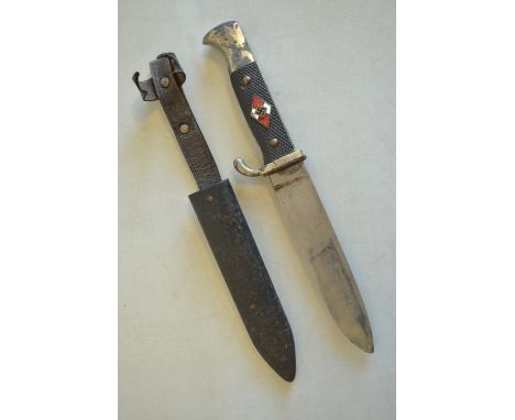 World War II Hitler Youth dagger in overall fair condition at best, blade length 14cm, 24.3cm overall with black metal scabba