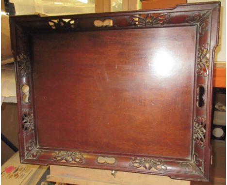 Chippendale style mahogany rectangular tray with pierced raised border, 58cm x 46cm