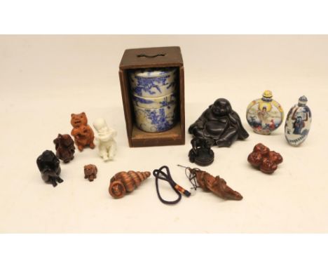 Chinese painted porcelain snuff bottles; collection of carved netsukes and a Japanese Jubako (stacked lunch box)