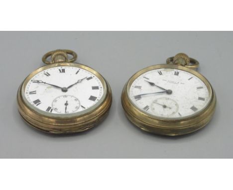 Swiss for Thomas Russell &amp; Son, Liverpool, rolled gold keyless pocket watch, signed white enamel Roman dial, subsidiary s