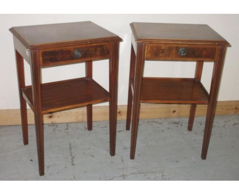 Pair of inlaid mahogany two-tier single drawer lamp tables, on square supports, marked Remploy with Broad Arrow, W42cm D34cm 