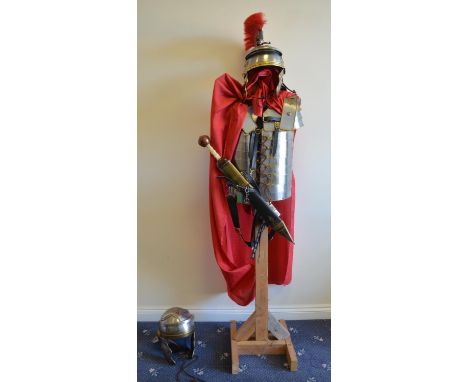 Roman Army re-enactors Lorica Segmentata uniform, all metal with 2 helmets, sword etc, no size or manufacturer shown