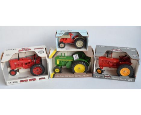 Four boxed 1/16 scale diecast metal tractor models from Ertl to include Massey Harris 55, McCormick Farmall Super M-TA, John 
