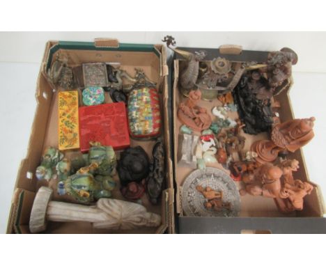Collection of Chinese decorative items, incl. ceramic dragons, brass dragons, a soapstone figure and other similar items (2 b