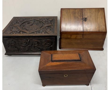 Early 20th century carved oak box decorated with fleur de lis and phoenixes; 19th century mahogany stationary box; and a maho