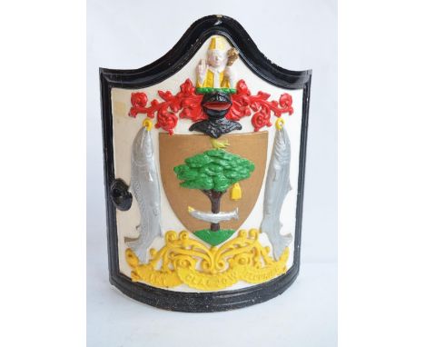 Attractive Glasgow City curved relief cast iron street light access panel with 'Let Glasgow Flourish' to lower edge, H50xW38x
