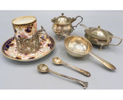 Royal Crown Derby coffee can and saucer, cup mounted in Edwardian silver by Army &amp; Navy cooperative society, London 1907,