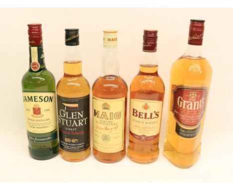 Five bottles of whiskey incl, Glen Stuart scotch whisky 70cl, Jameson triple distilled Irish whisky 70cl, Grant's scotch whis