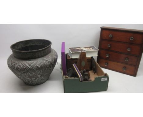 Various collectables incl. a large Middle Eastern brass jardiniere, tea caddy with inlaid decoration, metronome, Liberty scar