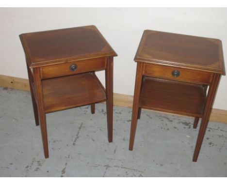 Pair of inlaid mahogany two-tier single drawer lamp tables, on square supports, W42cm D34cm H62 (2)