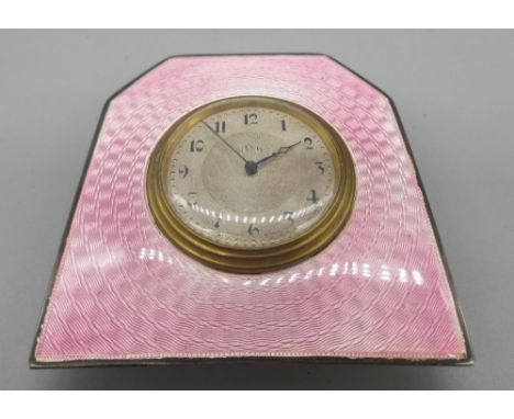Art Deco silver and pink guilloche enamel 8 day bedside strut timepiece, silvered engine turned Arabic dial, Swiss Made movem