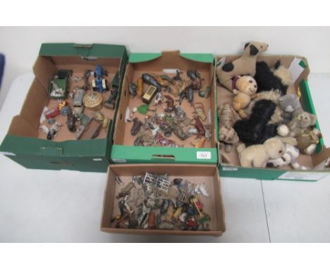 Various painted animal and farmyard themed toys, majority in pewter, cold painted spelter squirrel, and assorted teddy bears,