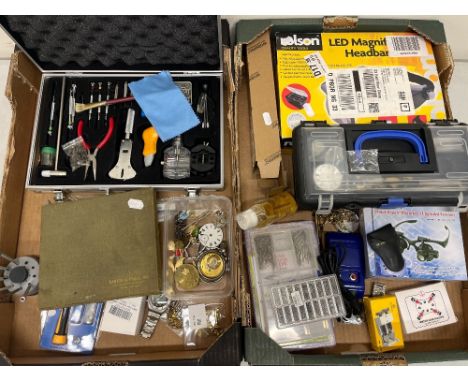 Barton &amp; Chase No. 1 master winding stem assortment; LED magnifying headbar; watch servicing equipment, parts including s