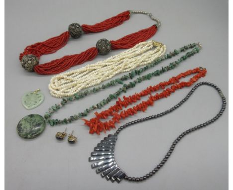 Pair of 9ct yellow gold earrings set with hematite, a matching necklace, a jade pendant necklace, coral jewellery etc.