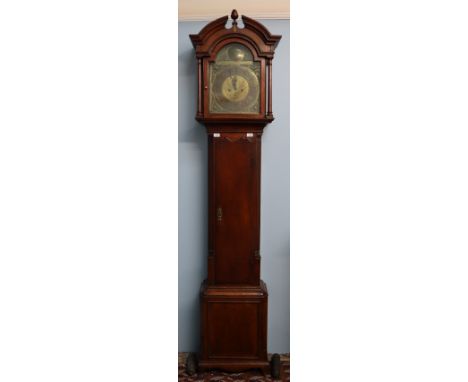 A 19th century oak longcase clock, the arched top with an acorn finial and ring turned columns above a long arched door, box 