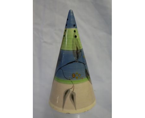A Clarice Cliff conical sugar sifter with bands of blue and green, with line and leaf decoration, black printed mark, 15cm hi