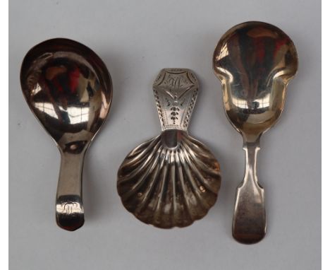 A George III silver caddy spoon, with a shell shaped bowl, London, 1796, Duncan Urquhart & Naphtali Hart together with a Vict