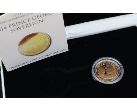 A 2014 Prince George Sovereign, struck on the Prince's first Birthday, limited to 999 coins, with certificate and boxes 