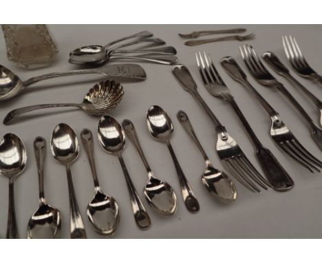 A set of six Victorian fiddle and thread pattern dessert forks, London, 1860 and 1857, Chawner and Co together with silver te