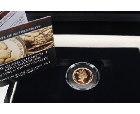 A Queen Elizabeth II Gold Sovereign of 1985 in proof quality, the first with the third portrait of Her Majesty, cased with ce