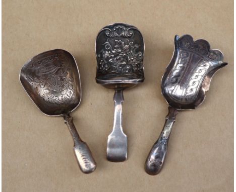 A George IV silver fiddle pattern caddy spoon, the bowl engraved with leaves, Birmingham, 1826, Joseph Willmore together with