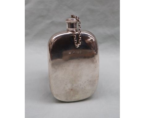 A small George IV silver hip flask of shaped oval form, the screw down lid secured by a chain, London, 1832, Archibald Dougla