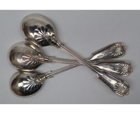 A set of three Edward VII silver fiddle thread and shell pattern soup spoons, Sheffield, 1905, together with other silver spo