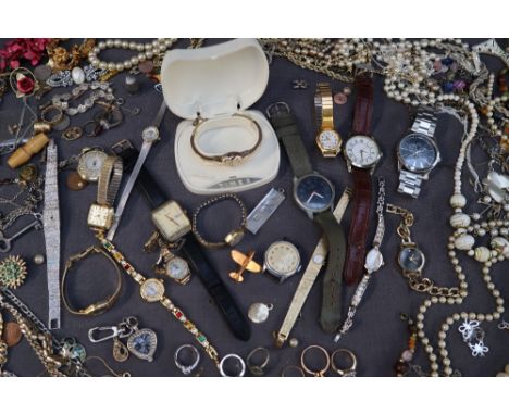 In Ingersoll Triumph wristwatch together with a Timex wristwatch, other wristwatches, costume jewellery including necklaces, 