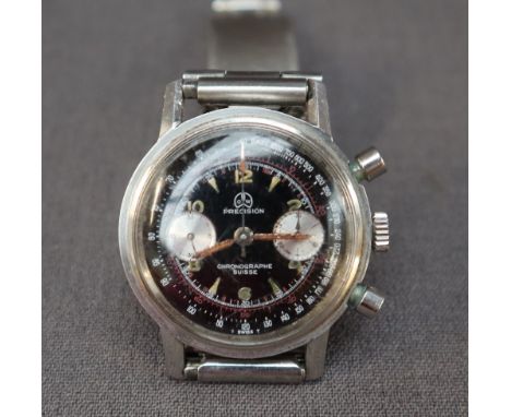 A gentleman's stainless steel Ollech and Wajs Precision chronographe wristwatch, with a black dial, Arabic numerals and point