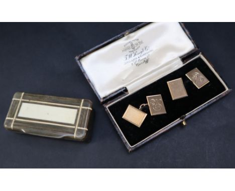 A pair of 9ct gold cufflinks of rectangular form, approximately 4.5 grams together with a horn snuff box of rectangular form