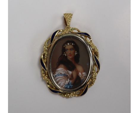 An 18ct gold portrait miniature pendant / brooch, depicting a lady with flowing brown hair, wearing gems in her hair, approxi