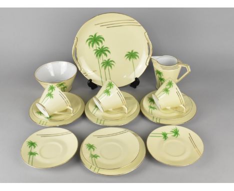 A Part Noritake Tea Set Decorated with Green Palm Trees on Cream Ground to Comprise Three Cups, Six Saucers, Three Side Plate