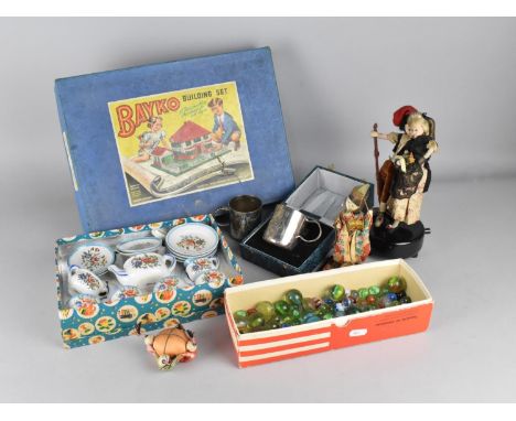 A Collection of Various Vintage Children's Items to Comprise Silver Plated Christening Mugs, Dolls Ceramic Tea Set, Bayko Bui