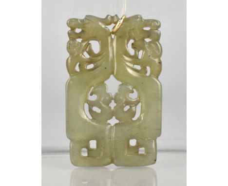 A Chinese Jade Pendant of Rectangular Form Pierced with Dragon Motif, 5.3vm high 