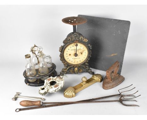 A Collection of Vintage Metalwares to Comprise Household Scales, Flat Iron, Cruet Set, Oil Lamp etc 