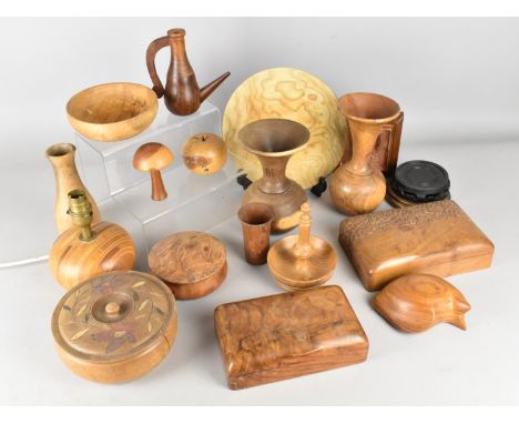 A Collection of Various Treen to Comprise American Cherry Cat Signed JM, Burr Wood Box, Elm Ring Tree, Specimen Wood Lamp Bas