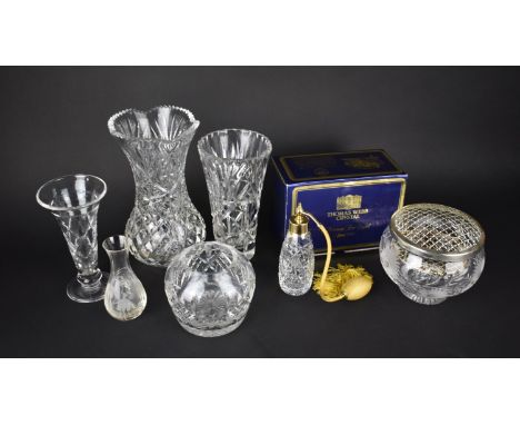 A Collection of Cut Glass to Comprise Thomas Webb Crystal Perfume Atomiser, Vases, Rose Bowl etc 