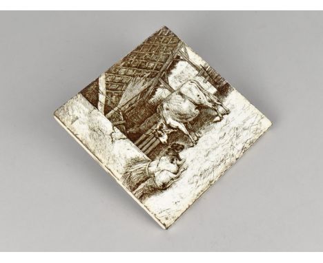 A Mintons China Works Transfer Printed Tile Depicting Cow and Calf in Cow Shed, After W. Wise 1879 