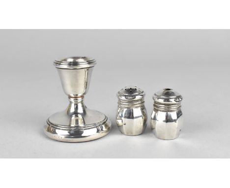 A Small Silver Candlestick, Birmingham Hallmark Together with Two Sterling Silver Handbag Salt and Pepper Shakers 
