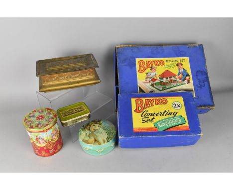 A Bayko Building Set and a Bayko Converting Set (Both Unchecked) Together with Four Various Tins to Include One by Crawfords 