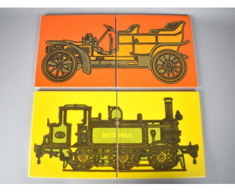 Two Pairs of Tiles, Locomotive and Vintage Car, Each Tile 8" Square 