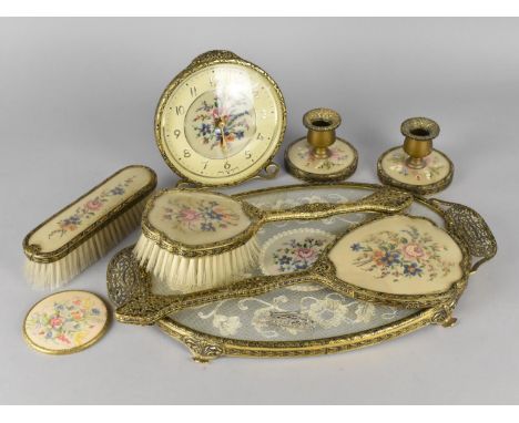 A Mid/Late 20th Century Ladies Gilt Metal Dressing Table Set to Comprise Tray, Candlesticks, Mantle Clock etc 