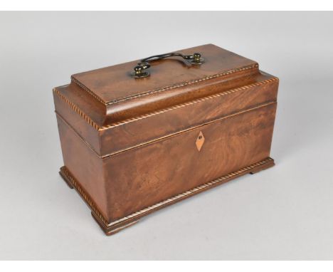A Mid 19th Century Sarcophagus Shaped Inlaid Mahogany Tea Caddy, the Hinged Lid to Three Section Interior, Backet Feet and Br