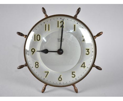 A Vintage Easel Back Mantle Clock in the Form of a Brass Ships Wheel, Inscribed For Smiths, 23cm Diameter (Working Order) 